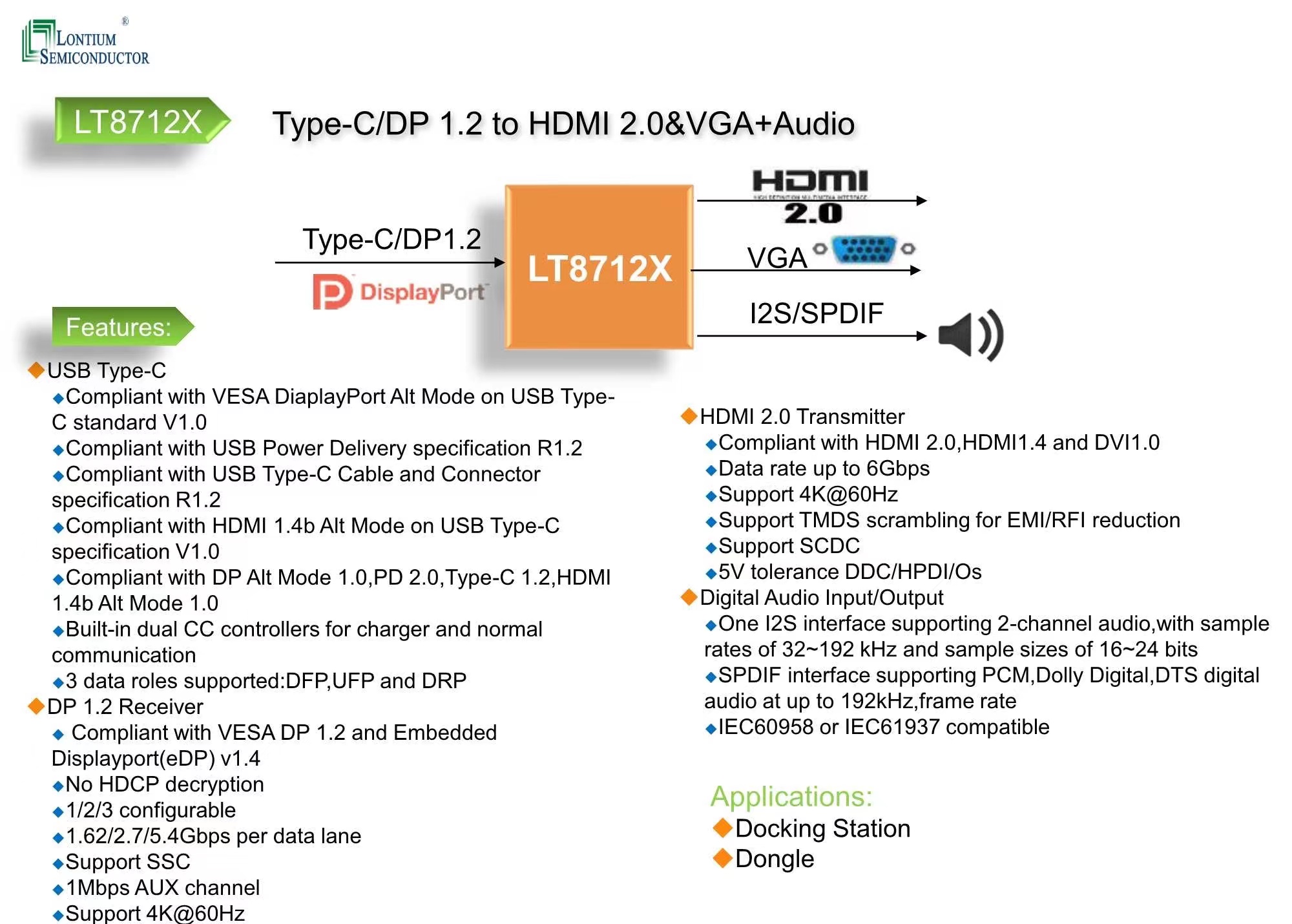 LT8712X是一款高性能C/DP1.2到HDMI2.0和VGA转换器