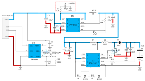 兼容PD快充5V-12V高压给两节串联8.4V锂电池1A充电