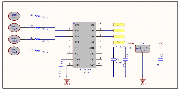 JTW6H04四鍵電容式觸摸芯片的工作原理及應用
