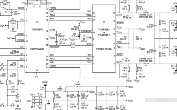 基于功率芯片TDA8929T构建的D类音频功放电路图