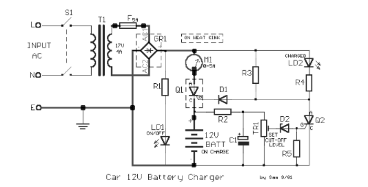 一个简单且易于构建的12V汽车电池充电器电路图