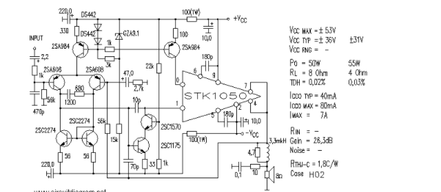 基于音频功放IC STK-1050的50W功放电路图