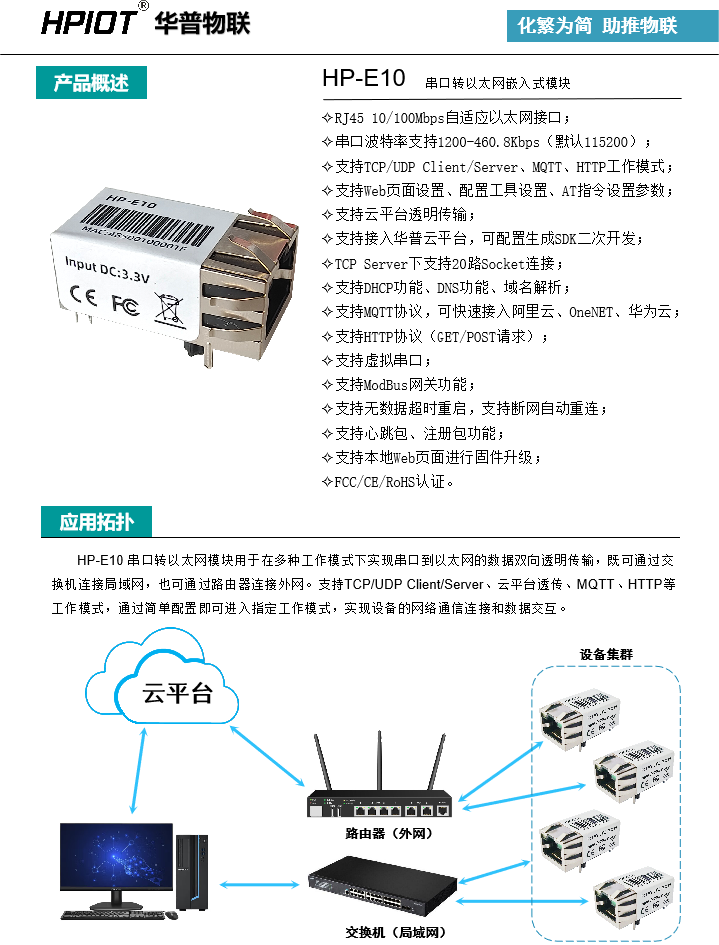 HP-E10串口轉以太網嵌入式模塊產品概述及應用拓補