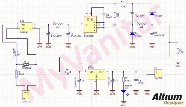 使用LNK304的220VAC至5VDC无变压器电源