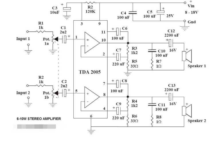 带TDA2005的6-10W立体声功率音频放大器电路
