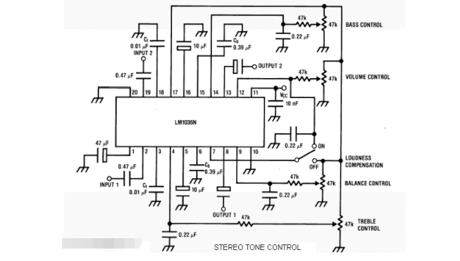 基于LM1036构建的立体声音频控制电路