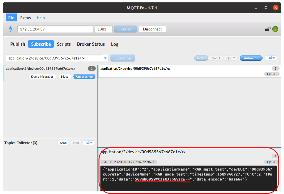 在MQTT.fx界面上查看已订阅的节点数据