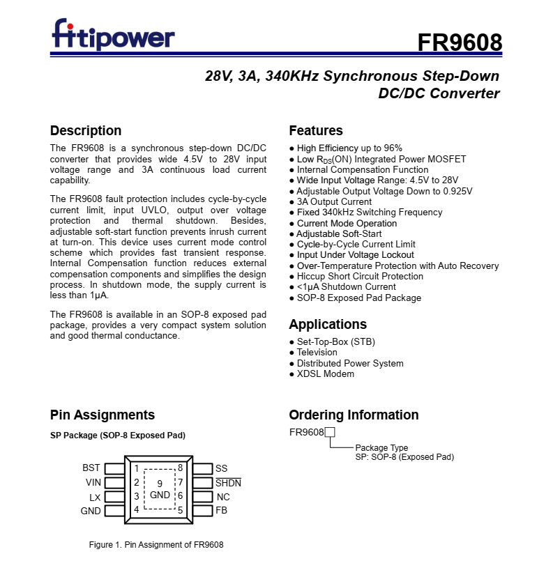 天钰原厂原装FR9608芯片，SOP-8封装，固定340kHz开关频率