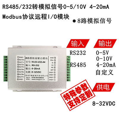 RS232/RS485信号转8路模拟信号  隔离D/A转换器WJ33