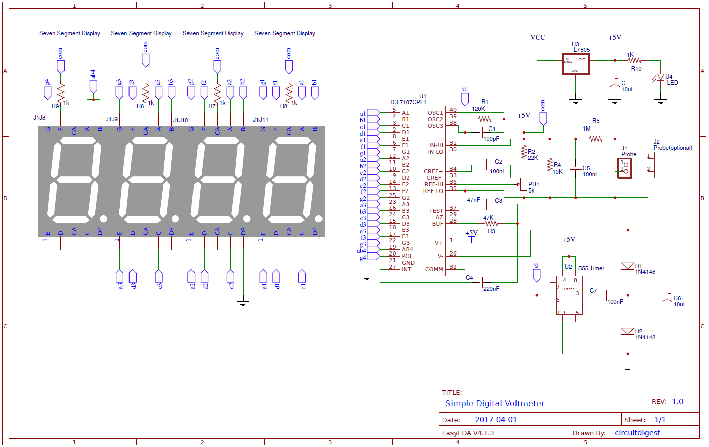使用ICL7107的简单数字电压表电路图