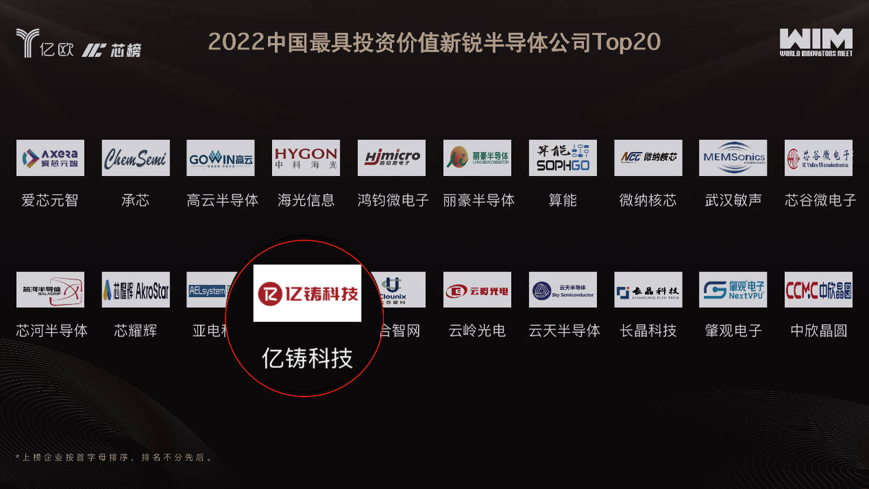 億鑄榮登億歐芯榜2022中國最具投資價值半導體公司Top20