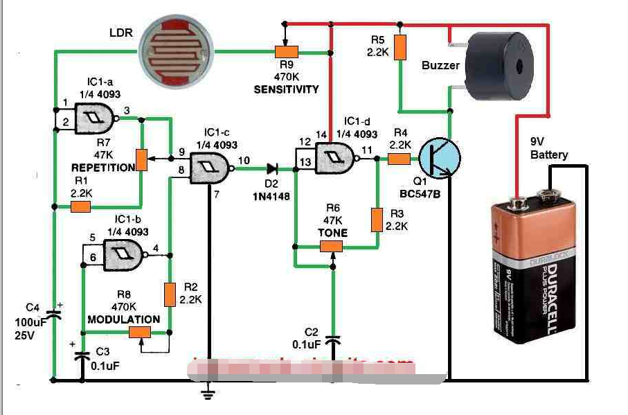 如何使用IC4093<b>构建</b><b>简单</b>的板球啁啾声音发生器<b>电路</b>