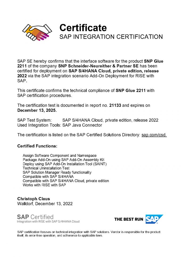 SNP Glue™2211通过<b>Rise</b> with <b>SAP</b> S/4HANA®Cloud集成认证
