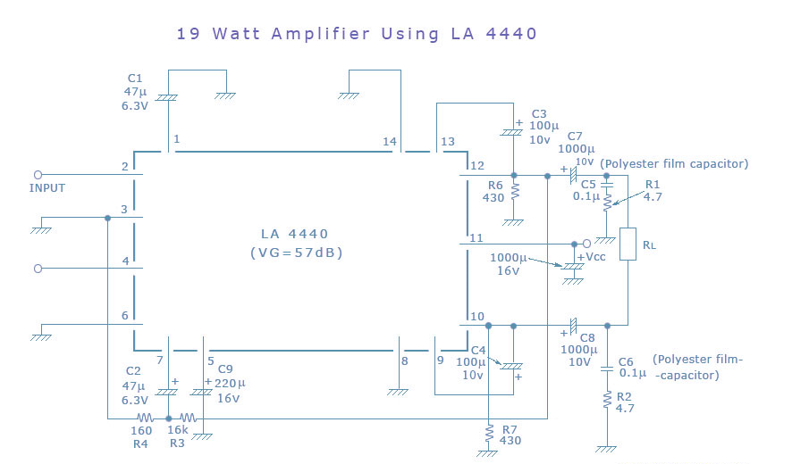 基于<b class='flag-5'>LA4440</b>的19瓦简单放大器电路图