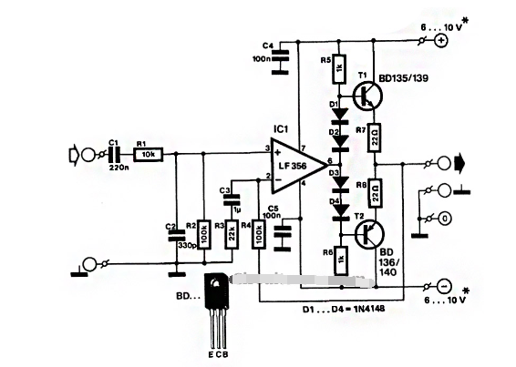 基于LF356的高保真耳機(jī)放大器電路