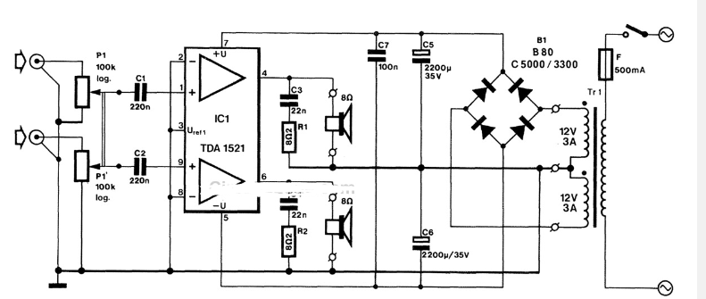 基于TDA1521的集成立體聲放大器電路