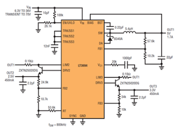 4V–36V输入开关稳压器创建极其紧凑的三路输出解决方案