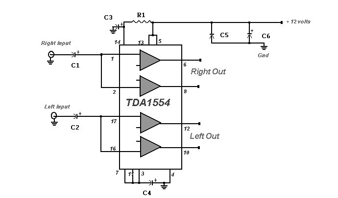 基于TDA1554的22瓦立体声功率放大器电路