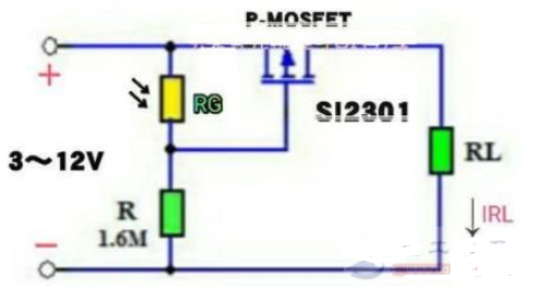 用光敏电阻及P-MOSFET设计的光控开关电路