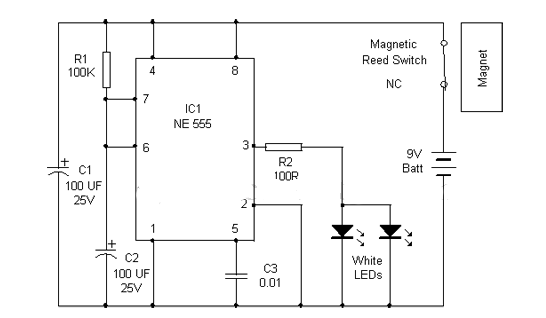 使用NE555和磁簧開關的櫥柜照明電路